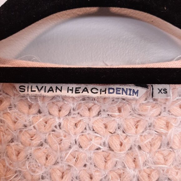 Silvian Heach Denim Fuzzy Peach Knit Vneck Sweater Womens Size XS Pink - Picture 9 of 10